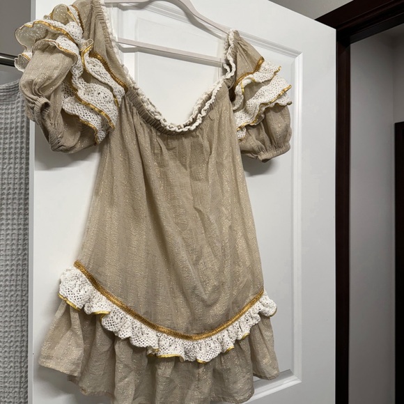 Ramy Brook Womens Mini Dress Beige Kyro Off Shoulder Ribbon Trim - Picture 3 of 5